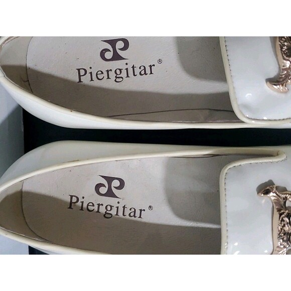 Piergitar 8.5 White/Cream Skull Gold Accents Men\'s Dress Shoes Patent Leather